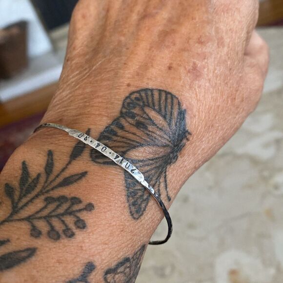 925 Sterling Silver Handcrafted Engraved Date Bangle Bracelet, Hammered, Skinny - Picture 6 of 9